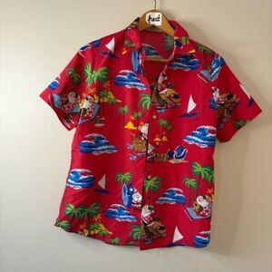 Red Casual Button Down Shirt Holiday Summer Santa Tropical Patterns mens M